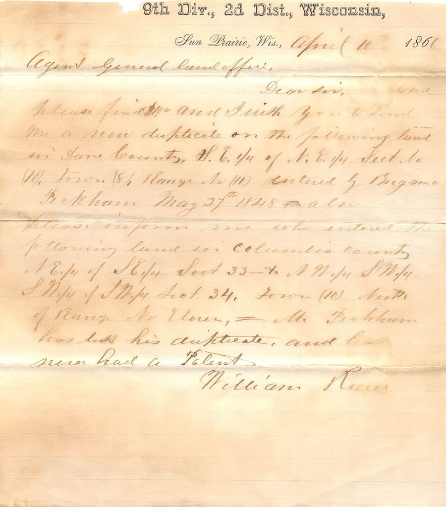 WILLIAM REEVE 9th WISCONSIN INFANTRY AUTOGRAPH SIGNED CIVIL WAR DOCUMENT 1861 - K-townConsignments