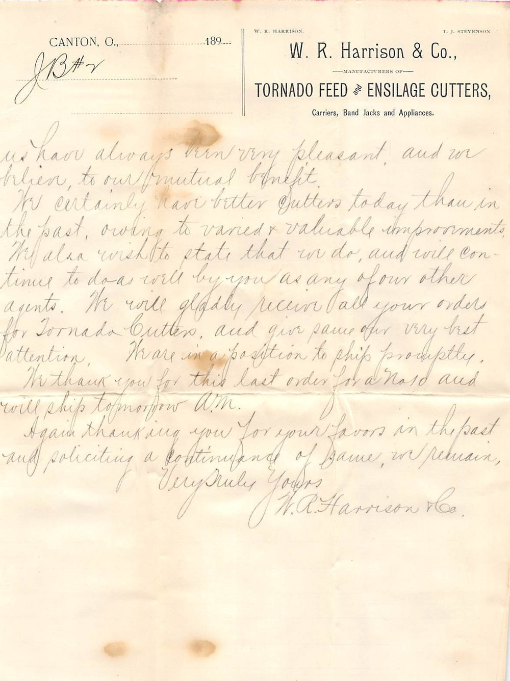 HARRISON TORNADO FEEDERS CANTON OHIO SIGNED ANTIQUE FARM ADVERTISING LETTER 1892 - K-townConsignments