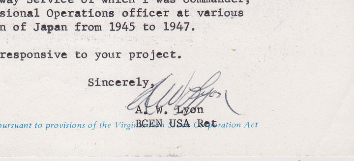 WWII GENERAL ARCHIBALD LYON ORIGINAL AUTOGRAPH SIGNED MILITARY LETTER 1986 - K-townConsignments