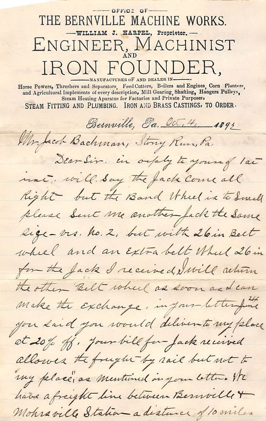 WILLIAM HARPEL BERNVILLE MACHINE WORKS IRON FOUNDRY ANTIQUE AUTOGRAPHED LETTER - K-townConsignments