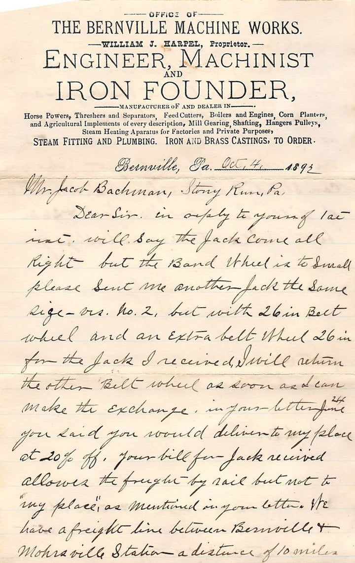 WILLIAM HARPEL BERNVILLE MACHINE WORKS IRON FOUNDRY ANTIQUE AUTOGRAPHED LETTER - K-townConsignments