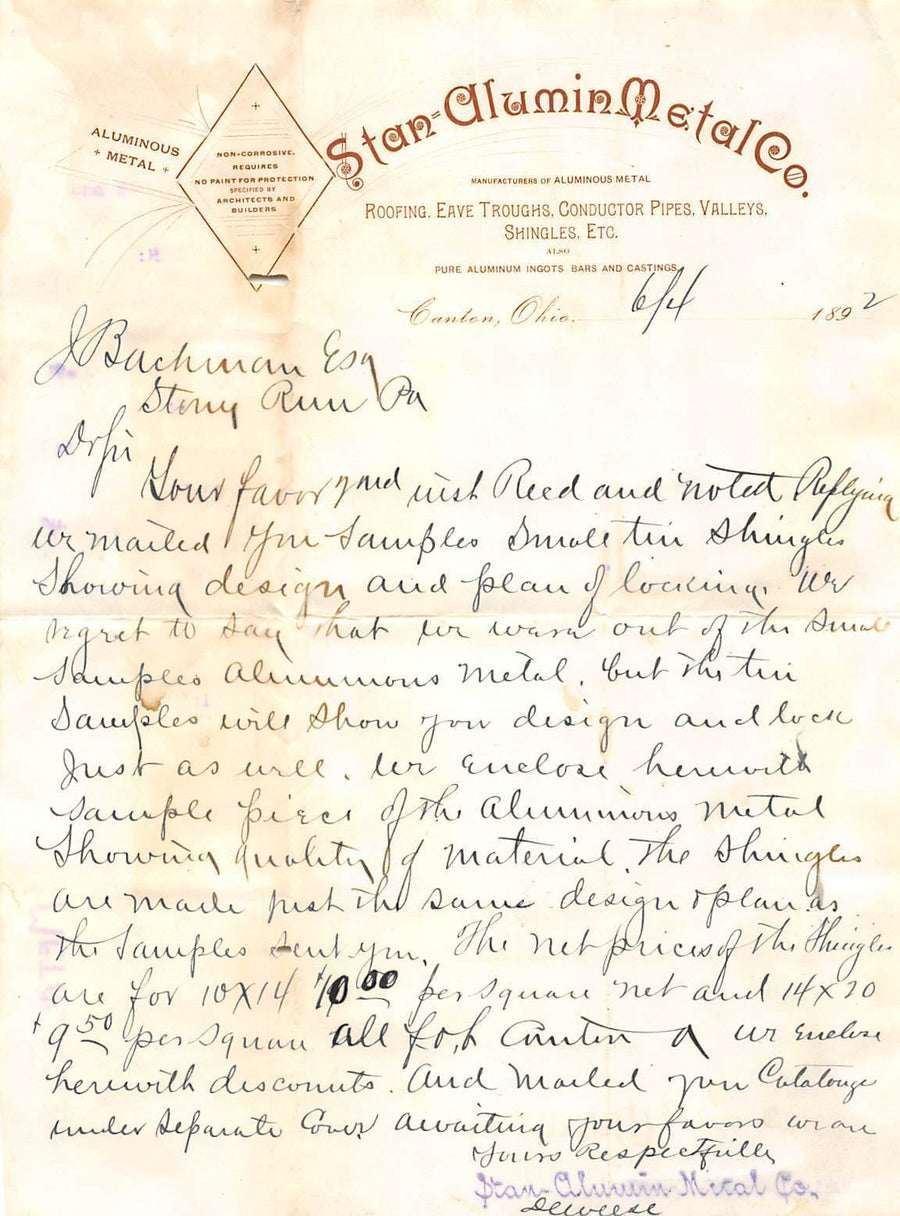 STAN-ALUMIN METAL BUILDING SUPPLY EARLY AMERICAN INDUSTRY ADVERTISING LETTERHEAD - K-townConsignments