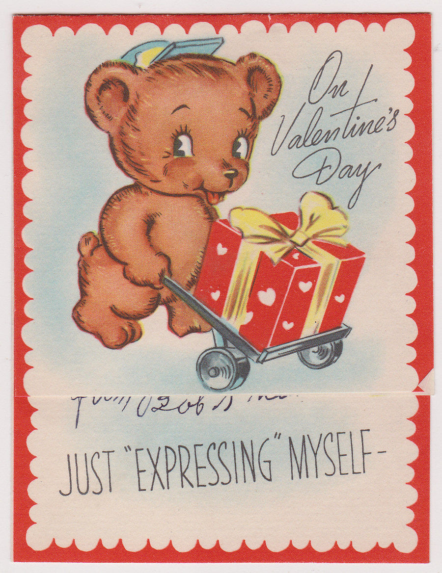 Just Expressing Myself Cute Teddy Bear Mailman Vintage Valentine's Day Card - K-townConsignments