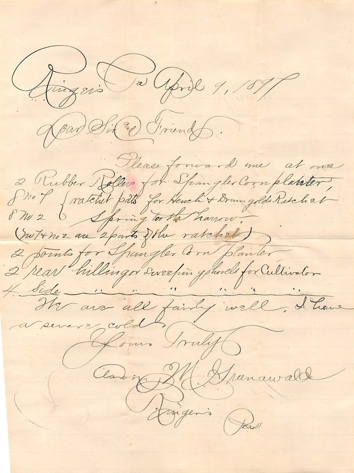 AARON GREENAWALD FARM TOOLS RINGER LEHIGH PA ANTIQUE AUTOGRAPH SIGNED LETTER - K-townConsignments