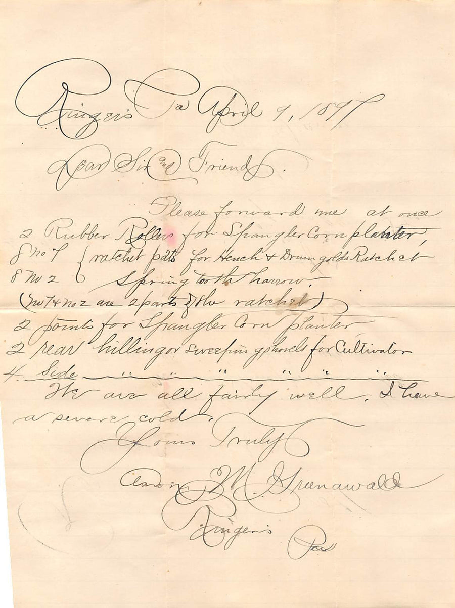 AARON GREENAWALD FARM TOOLS RINGER LEHIGH PA ANTIQUE AUTOGRAPH SIGNED LETTER - K-townConsignments