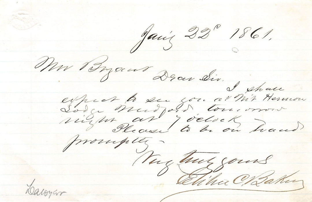 ELIHU BAKER MOUNT HERMON MASONIC LODGE MEDFORD MASS AUTOGRAPH SIGLED LETTER 1861 - K-townConsignments