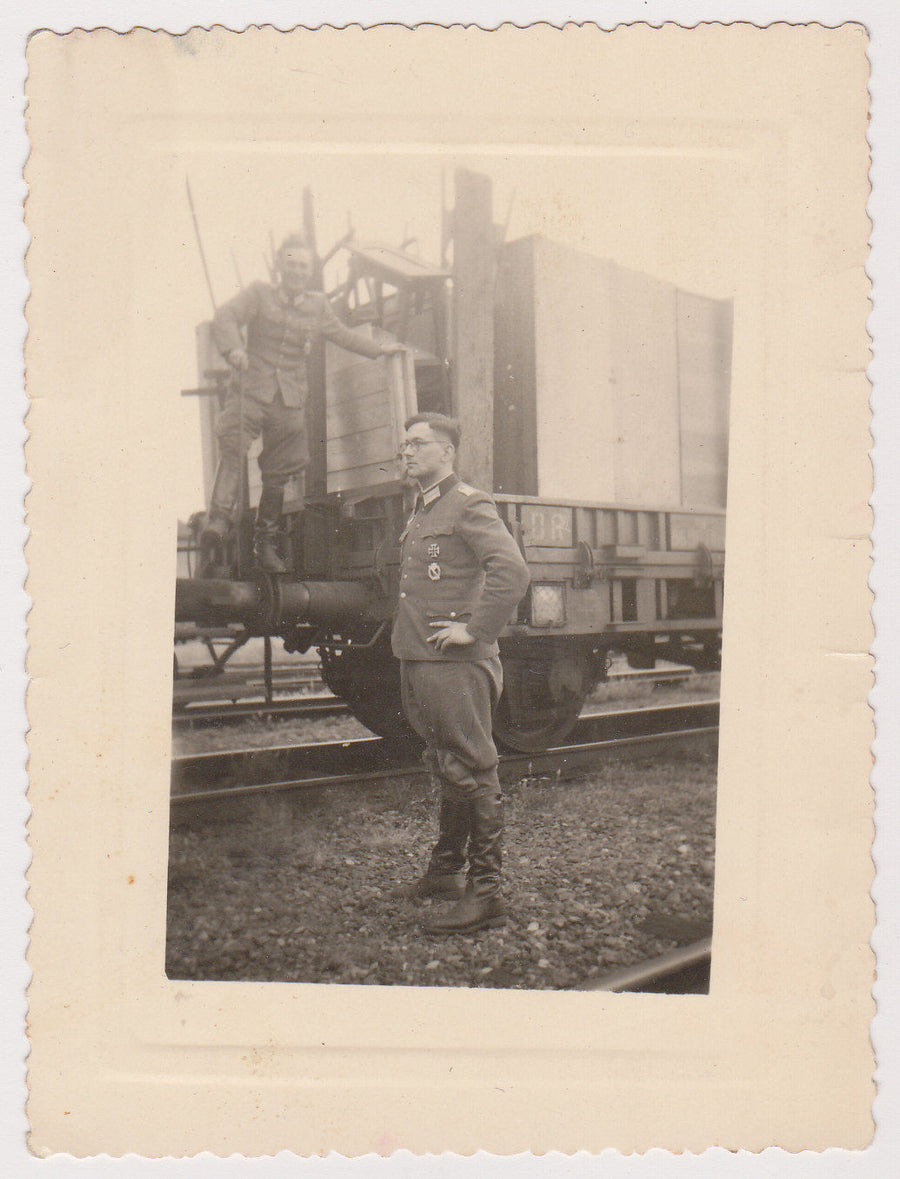 GERMAN SOLDIERS IN UNIFORM AT TRAIN YARD VINTAGE WWII ORIGINAL SNAPSHOT PHOTO - K-townConsignments