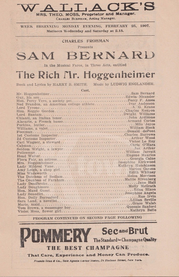 RICH MR. HOGGENHEIMER SAM BERNARD PLAY ANTIQUE WALLACK'S THEATRE PLAYBILL 1907 - K-townConsignments
