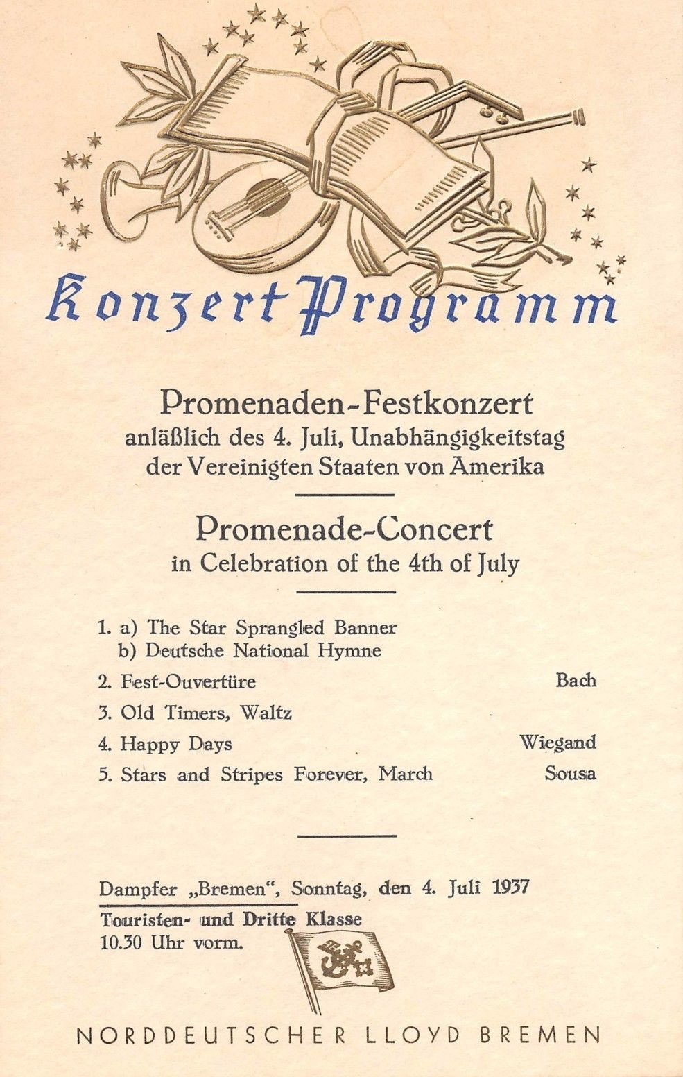 NORDDEUTSCHER LLOYD BREMEN CRUISE SHIP ANTIQUE GERMAN CONCERT PROGRAM CARD 1937 - K-townConsignments