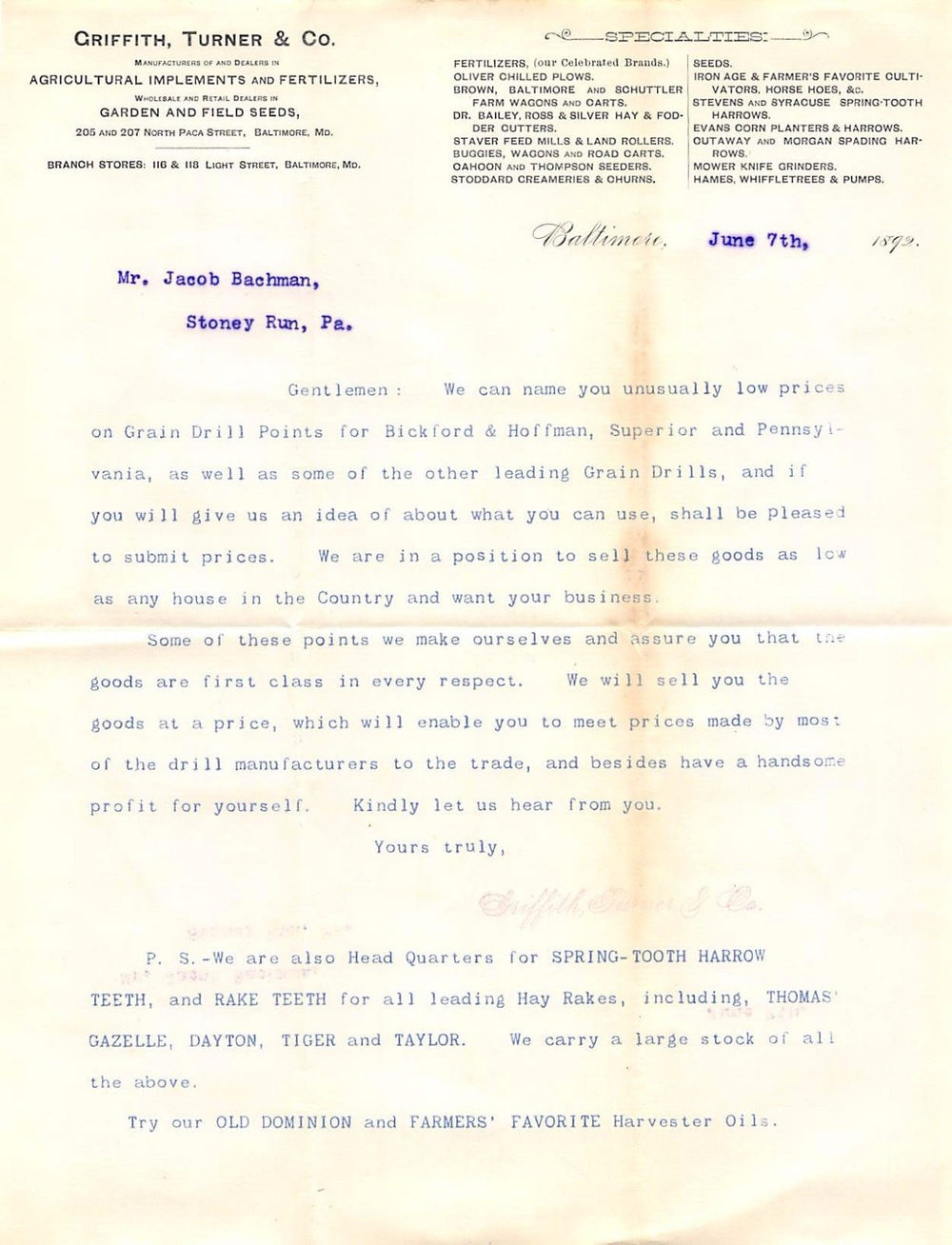 GRIFFITH TURNER AGRICULTURAL FERTILIZER ANTIQUE GRAPHIC ADVERTISING LETTER 1892 - K-townConsignments