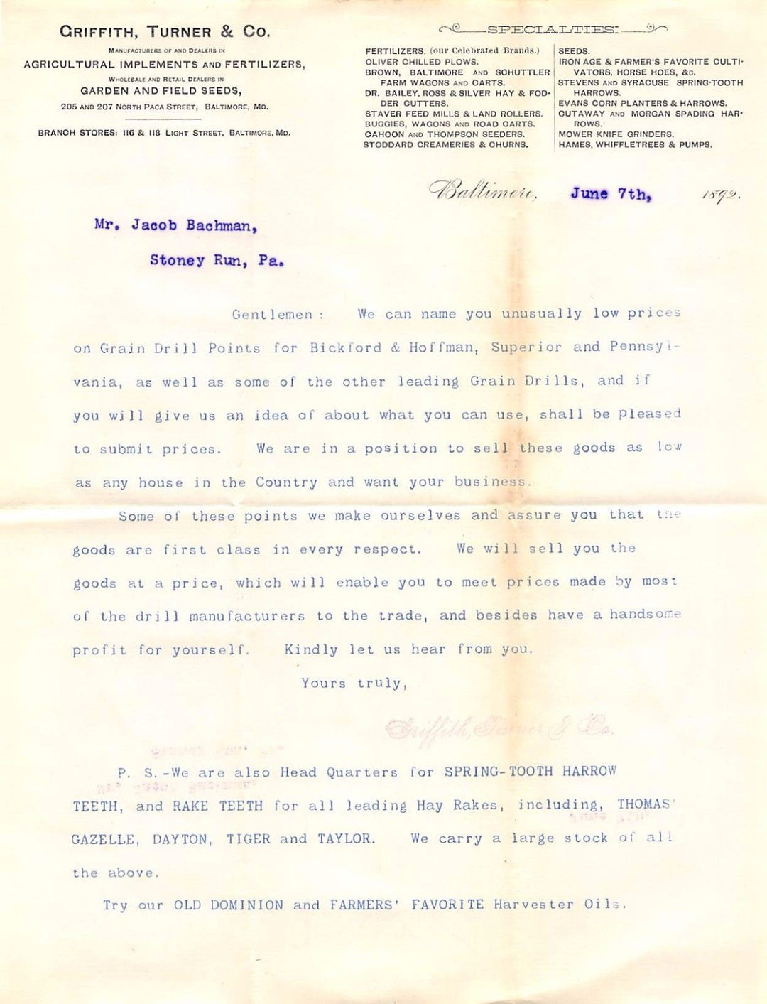 GRIFFITH TURNER AGRICULTURAL FERTILIZER ANTIQUE GRAPHIC ADVERTISING LETTER 1892 - K-townConsignments