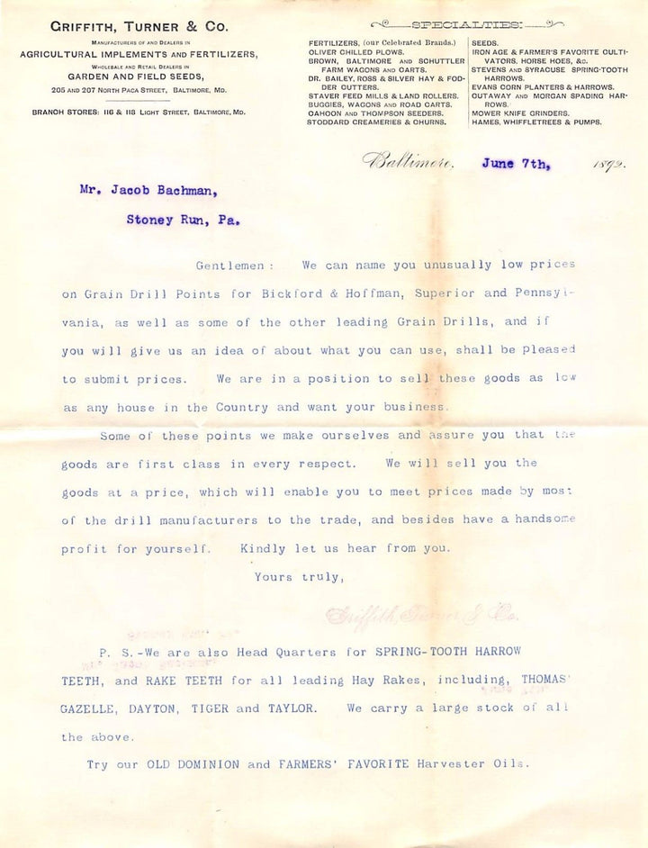 GRIFFITH TURNER AGRICULTURAL FERTILIZER ANTIQUE GRAPHIC ADVERTISING LETTER 1892 - K-townConsignments