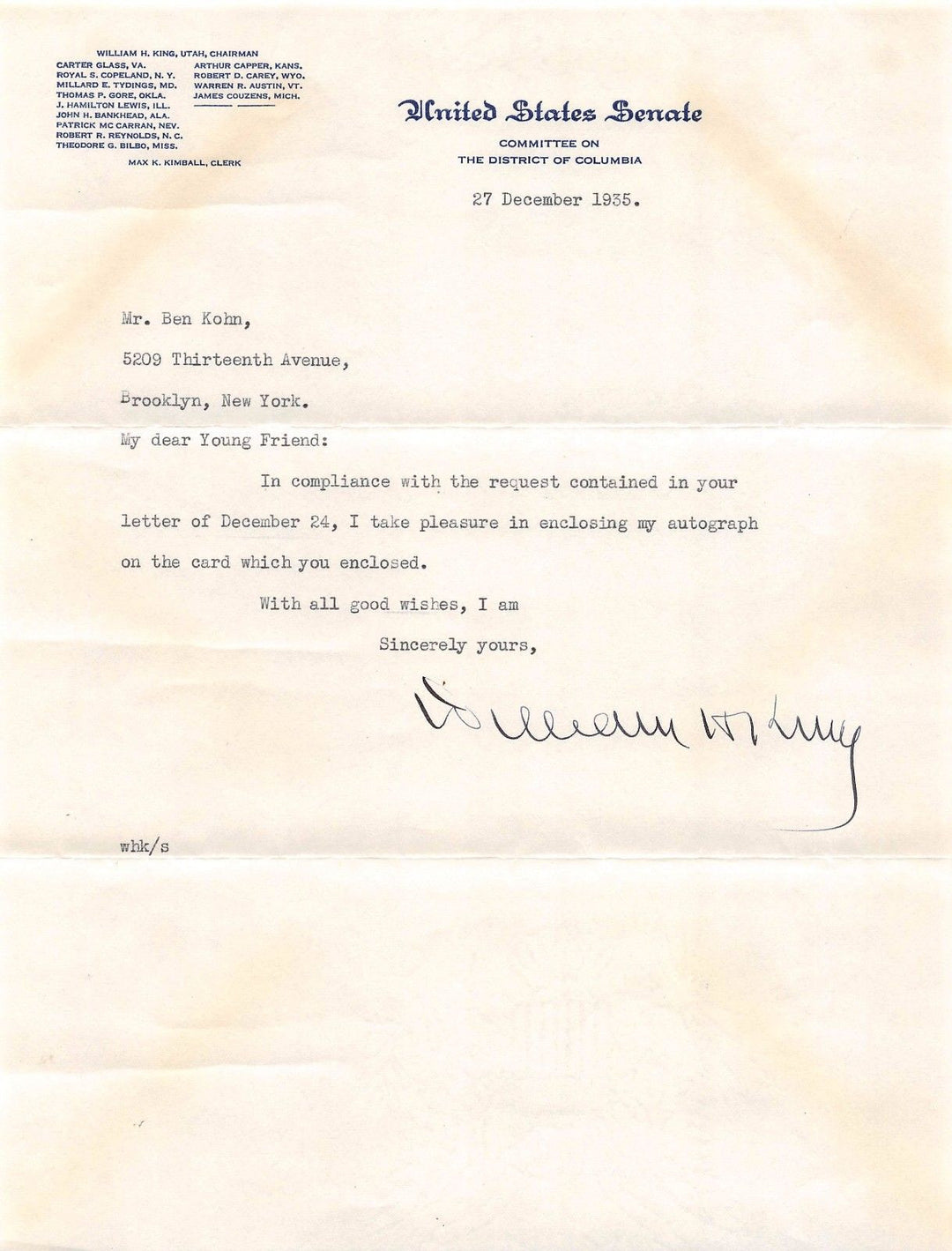 WILLIAM KING UTAH SENATOR VINTAGE AUTOGRAPH SIGNED SENATE LETTERHEAD 1935 - K-townConsignments