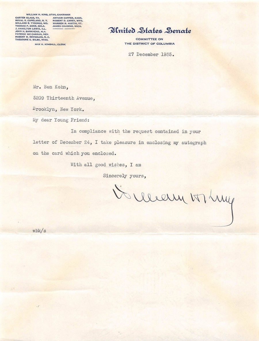 WILLIAM KING UTAH SENATOR VINTAGE AUTOGRAPH SIGNED SENATE LETTERHEAD 1935 - K-townConsignments