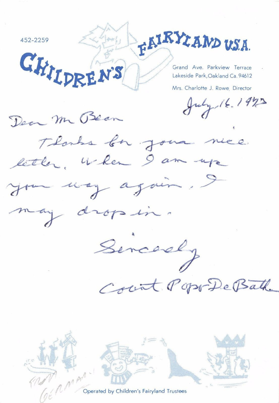 COUNT POPO DEBATHE FAIRYLAND AMBASSADOR OF FUN VINTAGE AUTOGRAPH SIGNATURE - K-townConsignments