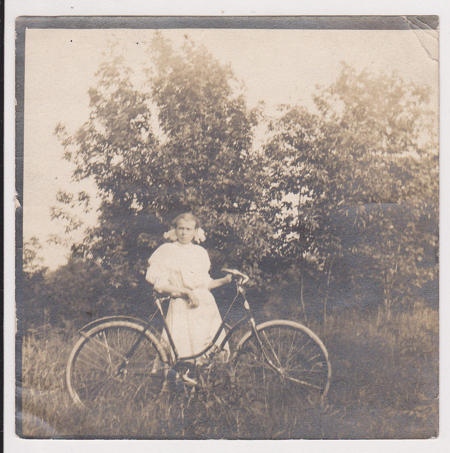 YOUNG TEEN GIRL ON HER ANTIQUE BICYCLE VINTAGE OUTDOORS SNAPSHOT PHOTOGRAPH - K-townConsignments