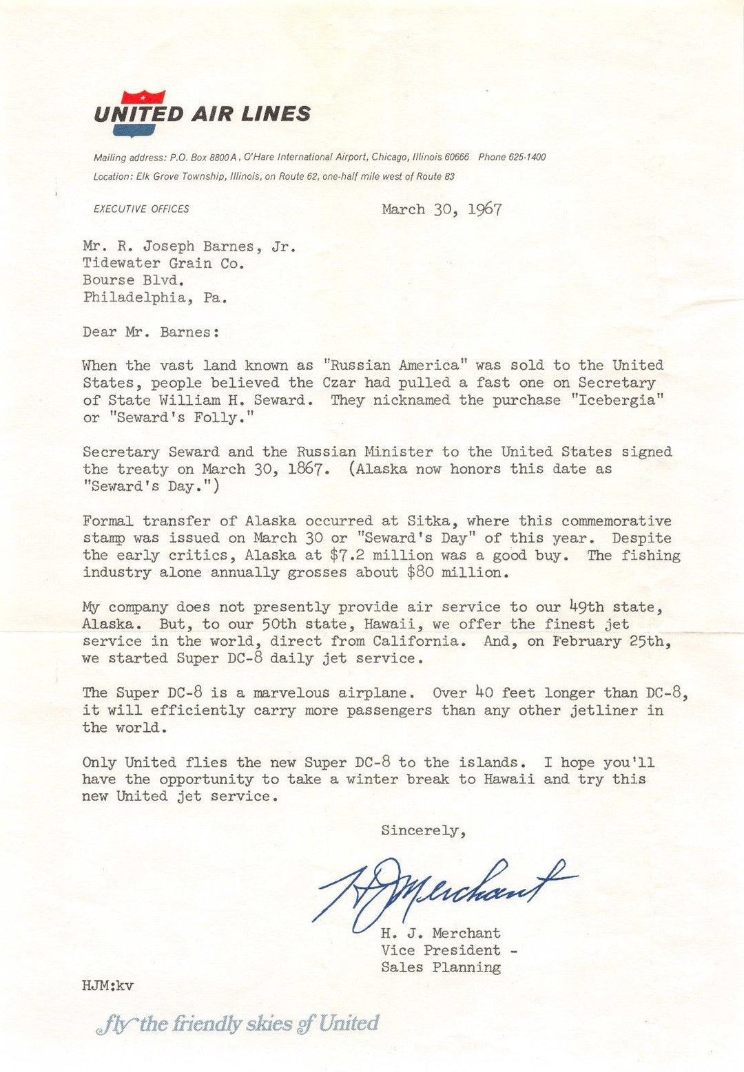 H. J. MERCHANT UNITED AIRLINES VP VINTAGE AUTOGRAPH SIGNED LETTERHEAD 1967 - K-townConsignments