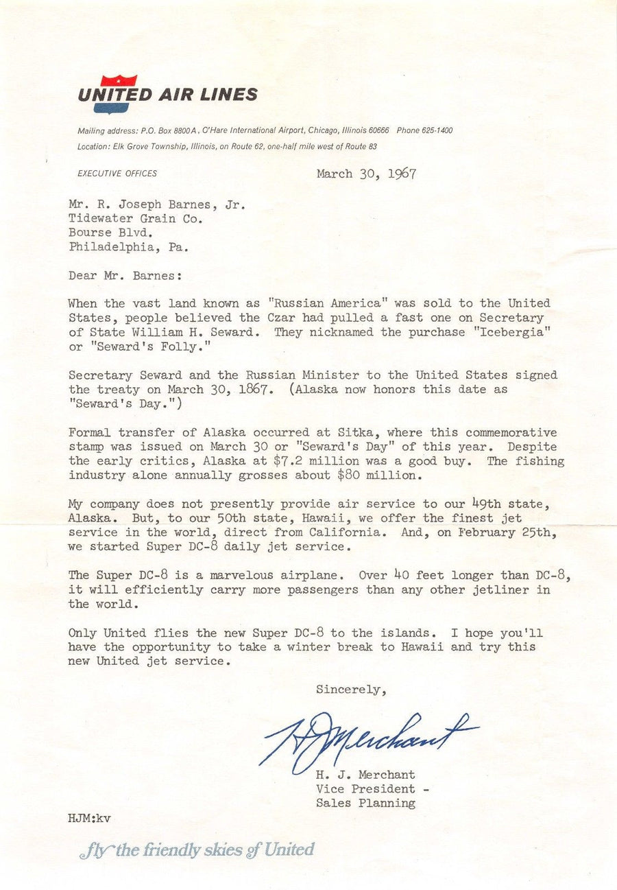 H. J. MERCHANT UNITED AIRLINES VP VINTAGE AUTOGRAPH SIGNED LETTERHEAD 1967 - K-townConsignments