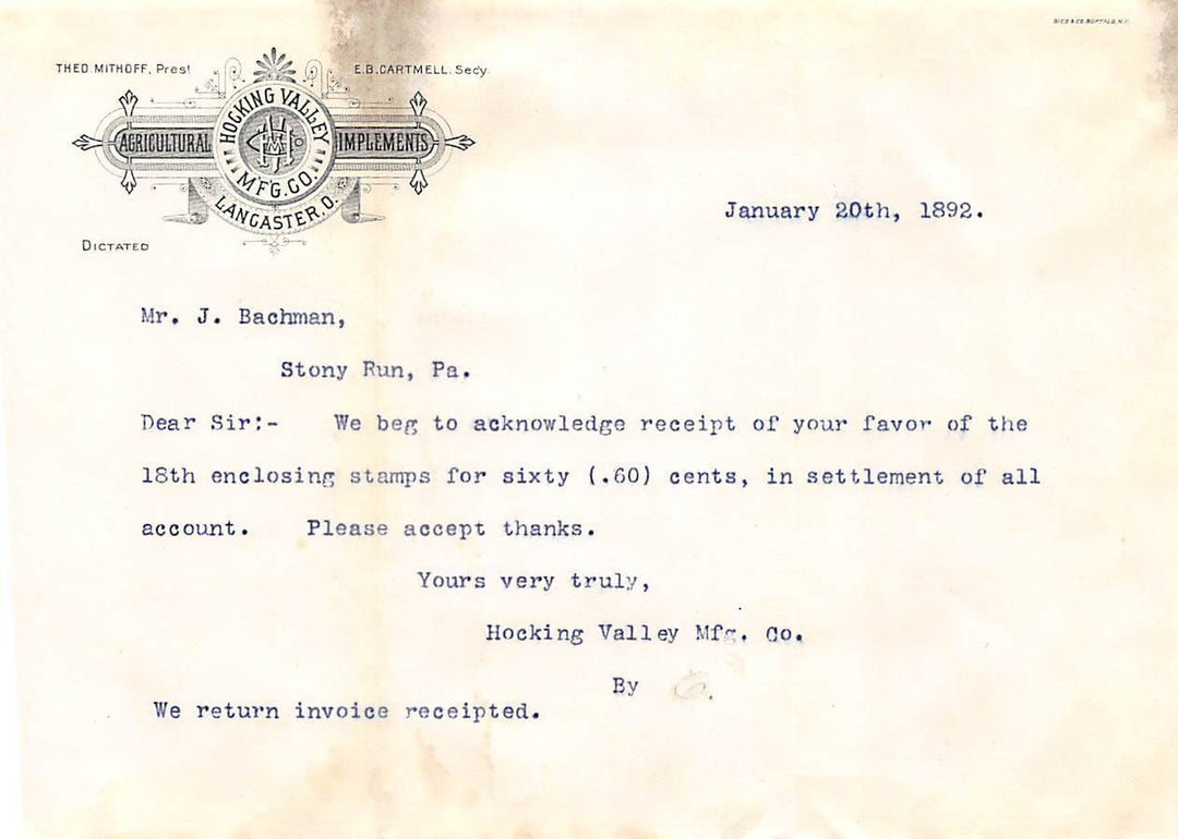 HOCKING VALLEY FARM TOOLS LANCASTER OHIO ANTIQUE AGRICULTURAL ADVERTISING LETTER - K-townConsignments