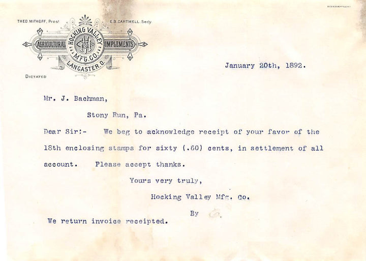 HOCKING VALLEY FARM TOOLS LANCASTER OHIO ANTIQUE AGRICULTURAL ADVERTISING LETTER - K-townConsignments