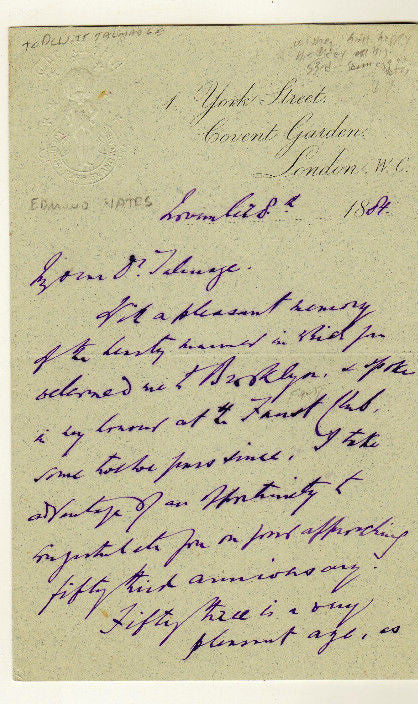 EDMUND YATES BRITISH NOVELIST ANTIQUE AUTOGRAPH SIGNED LONDON LETTERHEAD 1884 - K-townConsignments