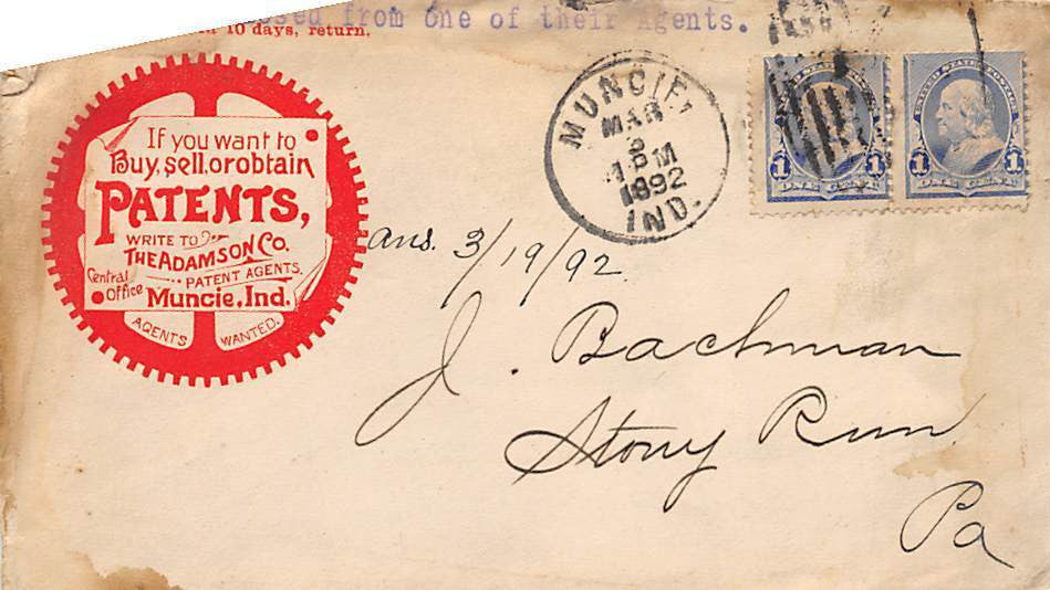 ADAMSON PATENTS MUNCI INDIANA ANTIQUE ADVERTISING STAMPED POSTAL COVER 1892 - K-townConsignments