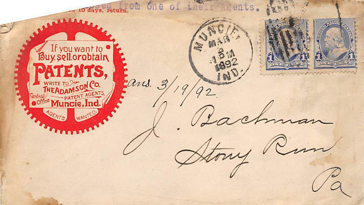 ADAMSON PATENTS MUNCI INDIANA ANTIQUE ADVERTISING STAMPED POSTAL COVER 1892 - K-townConsignments