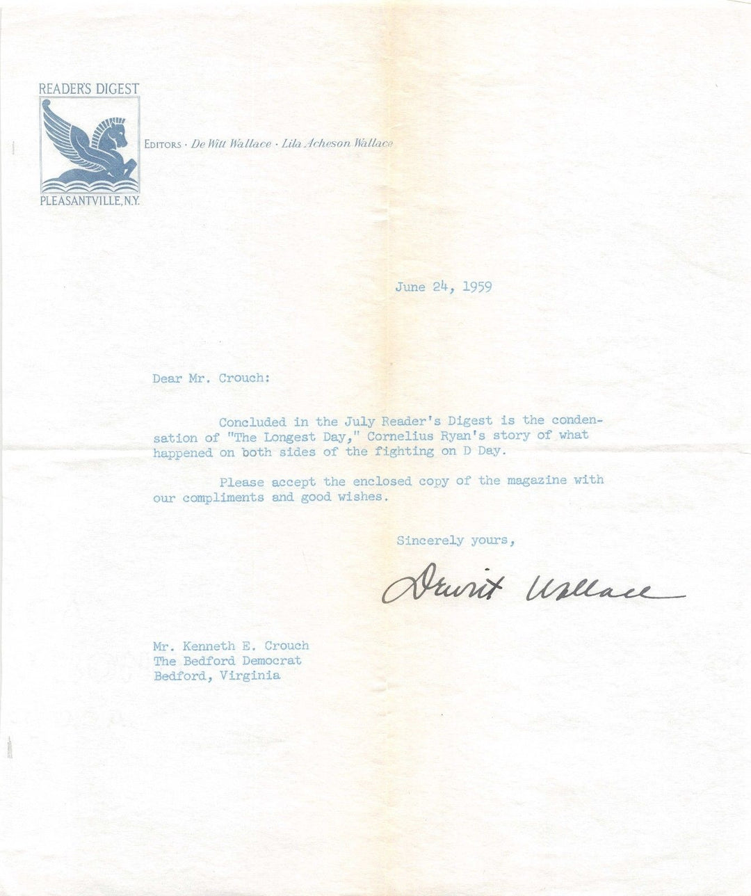 DEWITT WALLACE READER'S DIGEST FOUNDER VINTAGE AUTOGRAPH SIGNED LETTERHEAD 1959 - K-townConsignments