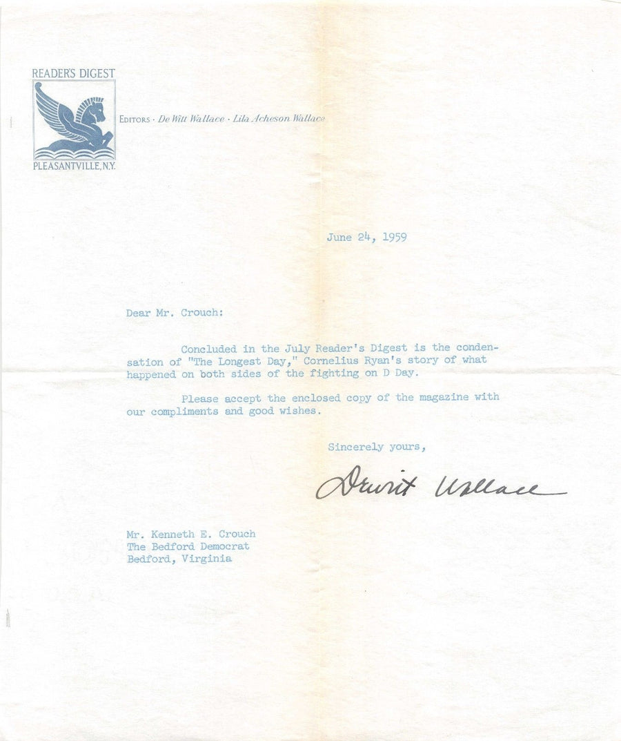 DEWITT WALLACE READER'S DIGEST FOUNDER VINTAGE AUTOGRAPH SIGNED LETTERHEAD 1959 - K-townConsignments