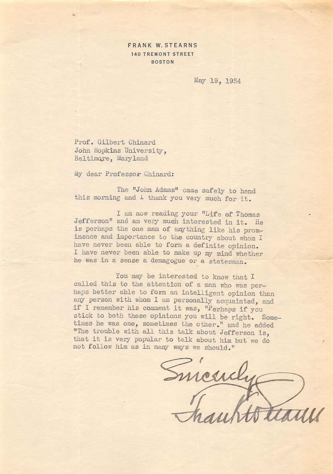 FRANK STEARNS DEPARTMENT STORE FOUNDER ORIGINAL AUTOGRAPH SIGNED LETTERHEAD 1934 - K-townConsignments