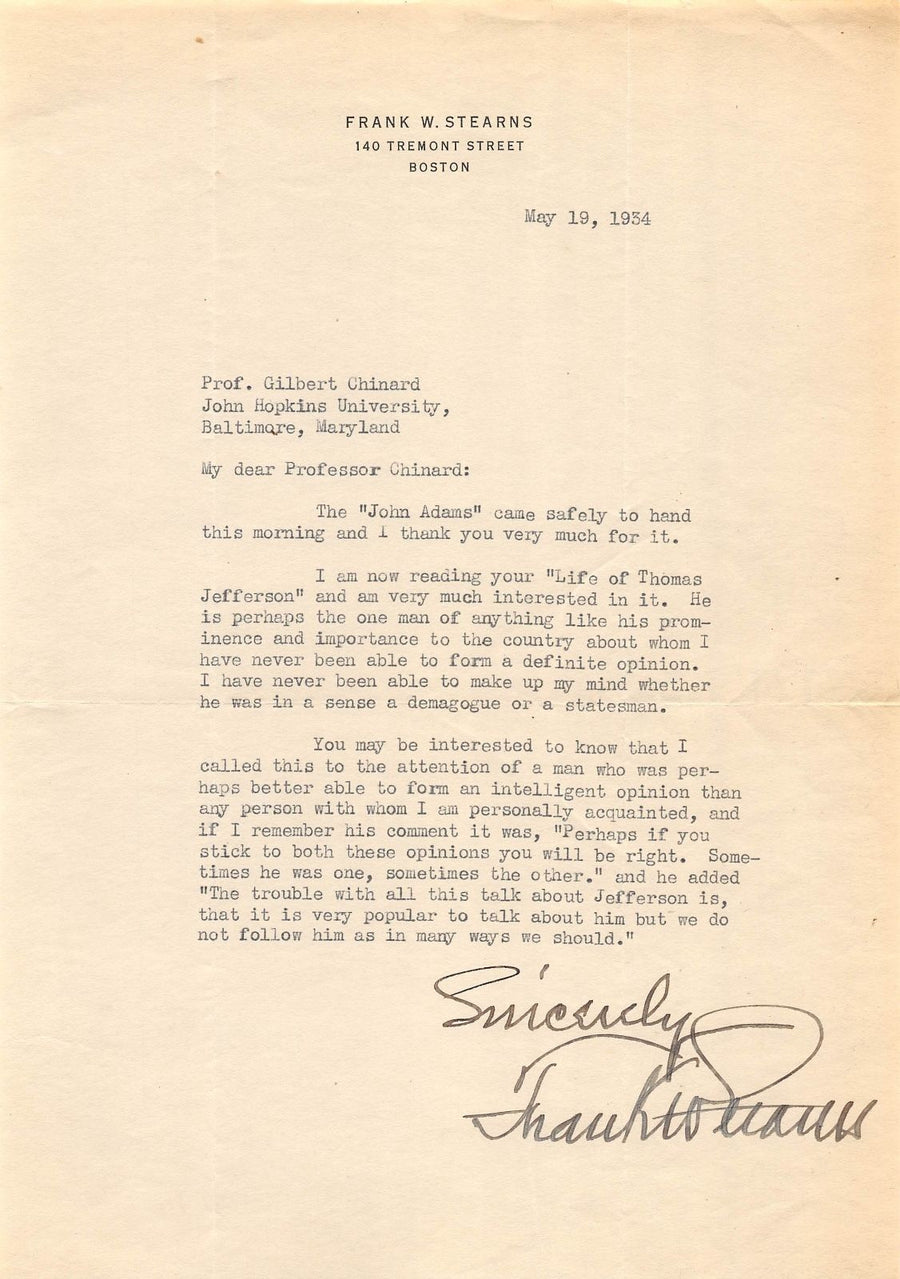 FRANK STEARNS DEPARTMENT STORE FOUNDER ORIGINAL AUTOGRAPH SIGNED LETTERHEAD 1934 - K-townConsignments