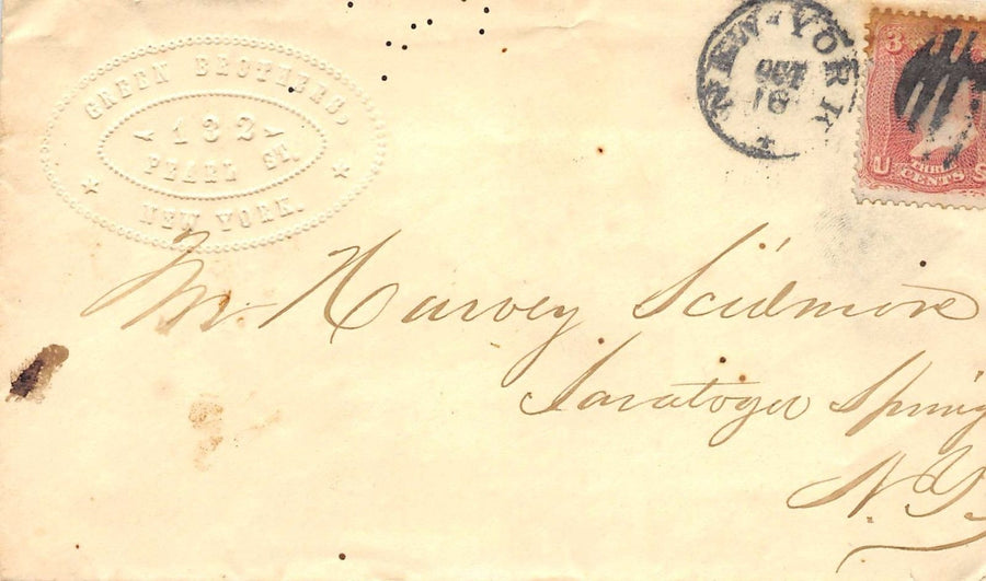 GREEN BROTHERS NEW YORK CITY ANTIQUE CANCEL STAMPED POSTAL MAIL COVER 1860s - K-townConsignments