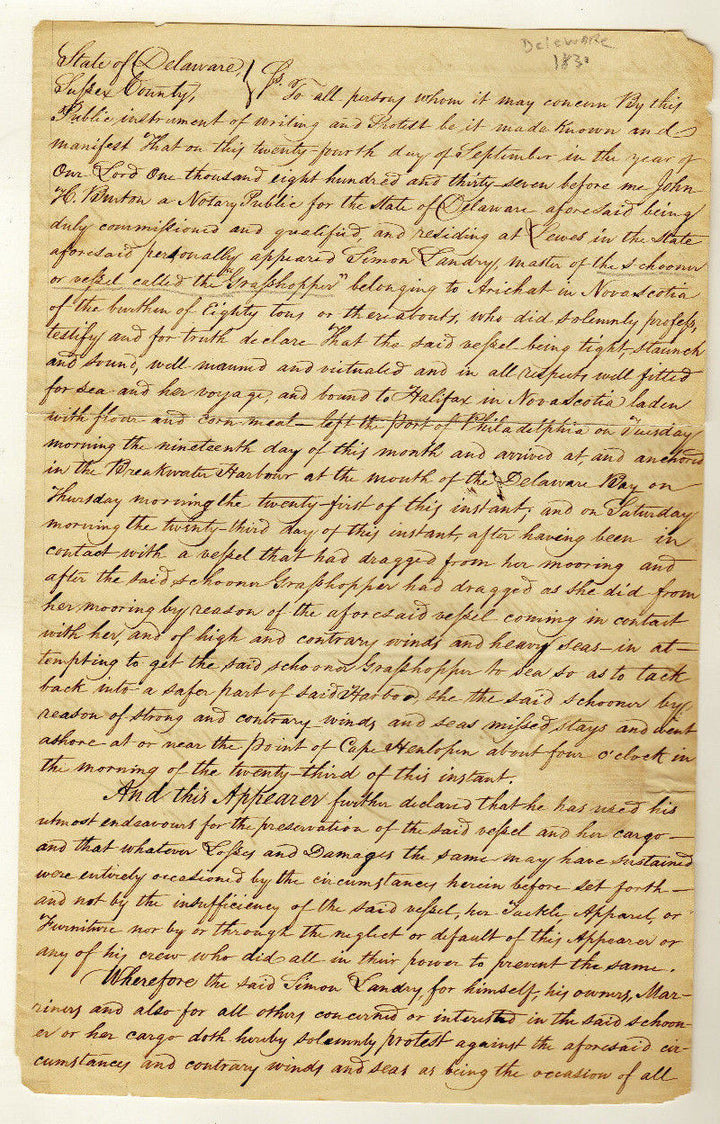 GRASSHOPPER DELEWARE SEA CAPTAIN SIMON LANDRY ANTIQUE MARITIME LAW LETTER 1831 - K-townConsignments