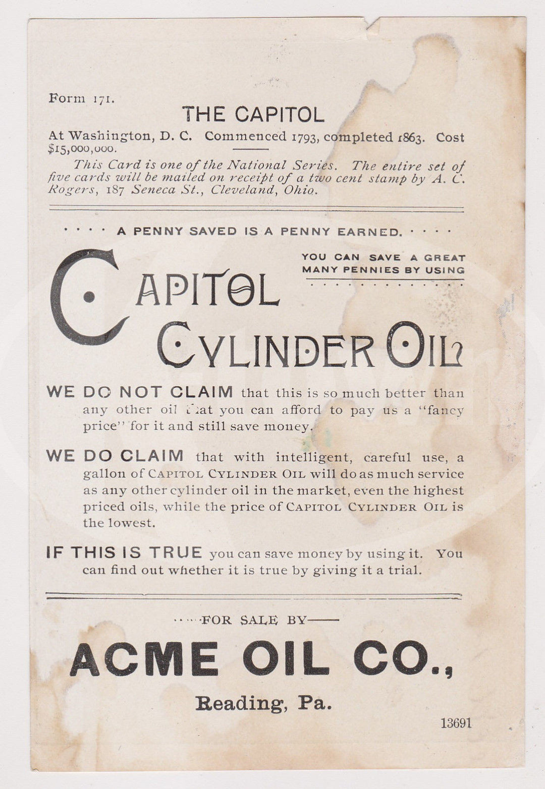 ACME OIL COMPANY READING PENNSYLVANIA ANTIQUE GRAPHIC ADVERTISING TRADE CARD - K-townConsignments