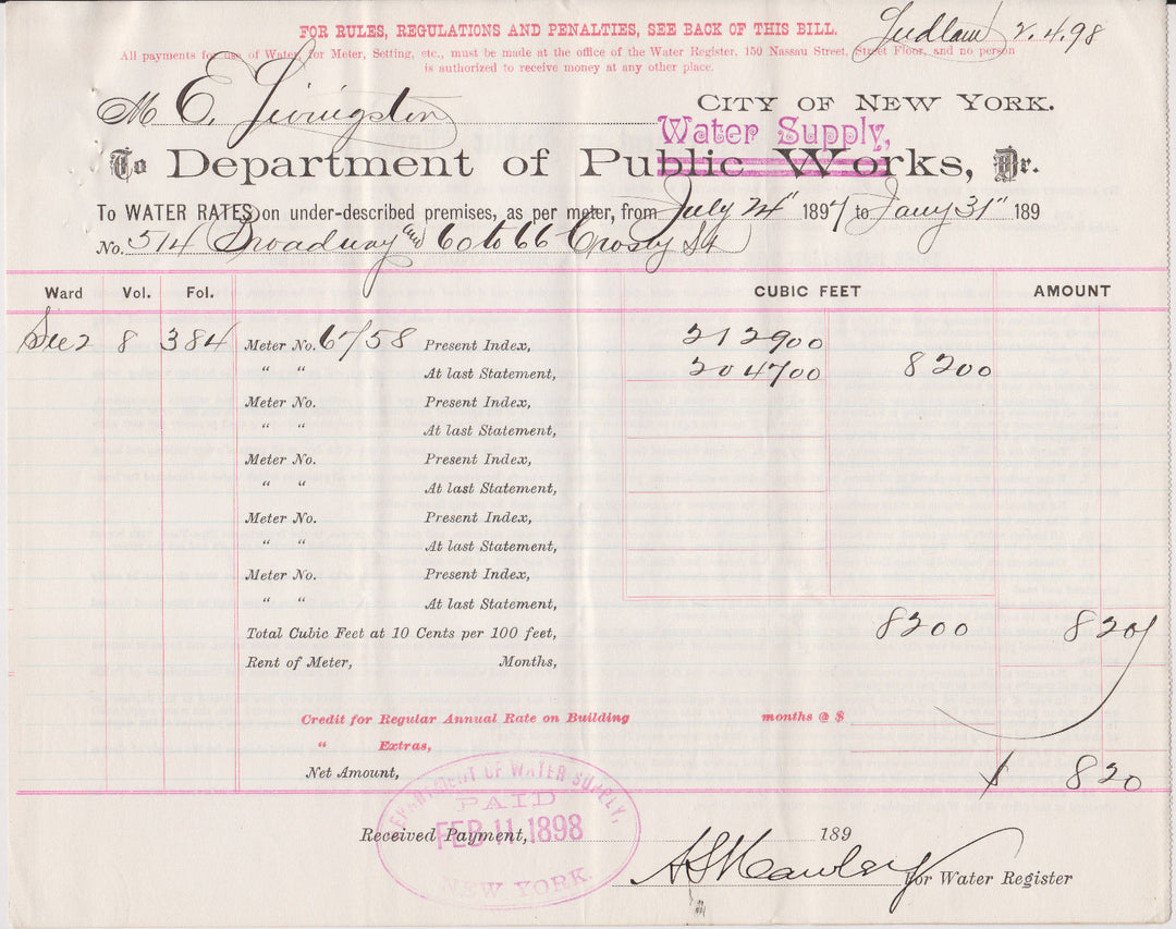 NEW YORK CITY DEPARTMENT OF PUBLIC WORKS ANTIQUE WATER SUPPLY RATES RECEIPT 1898 - K-townConsignments