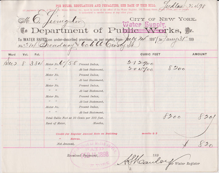 NEW YORK CITY DEPARTMENT OF PUBLIC WORKS ANTIQUE WATER SUPPLY RATES RECEIPT 1898 - K-townConsignments