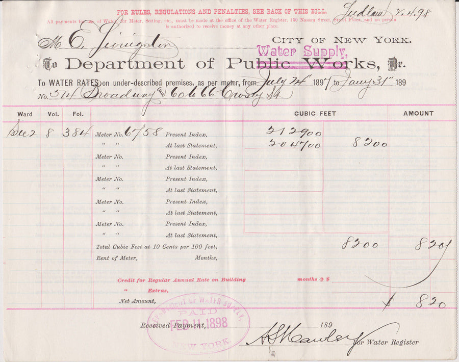 NEW YORK CITY DEPARTMENT OF PUBLIC WORKS ANTIQUE WATER SUPPLY RATES RECEIPT 1898 - K-townConsignments