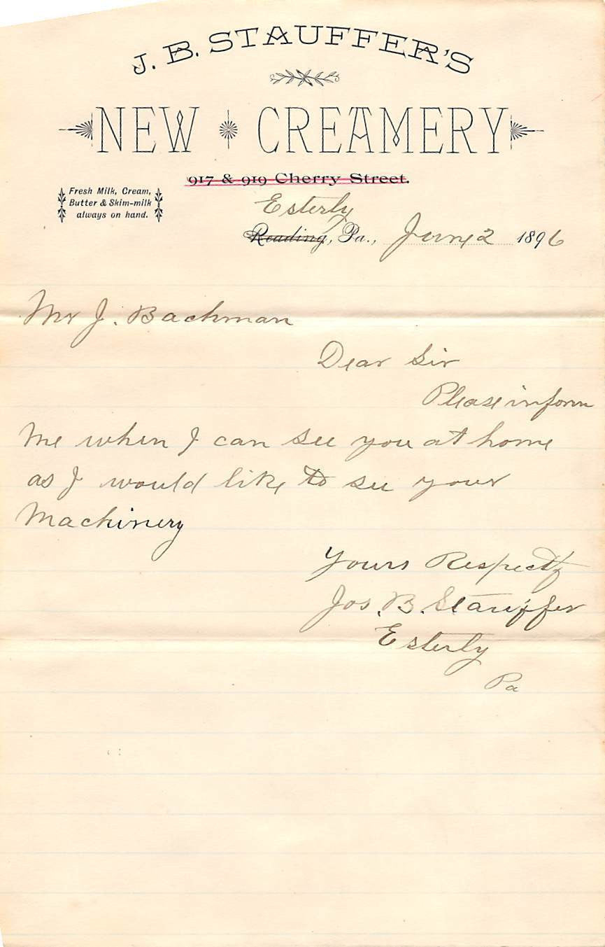 STAUFFER'S NEW CREAMERY ESTERLY READING PENNSYLVANIA ANTIQUE SIGNED ADVERTISING - K-townConsignments