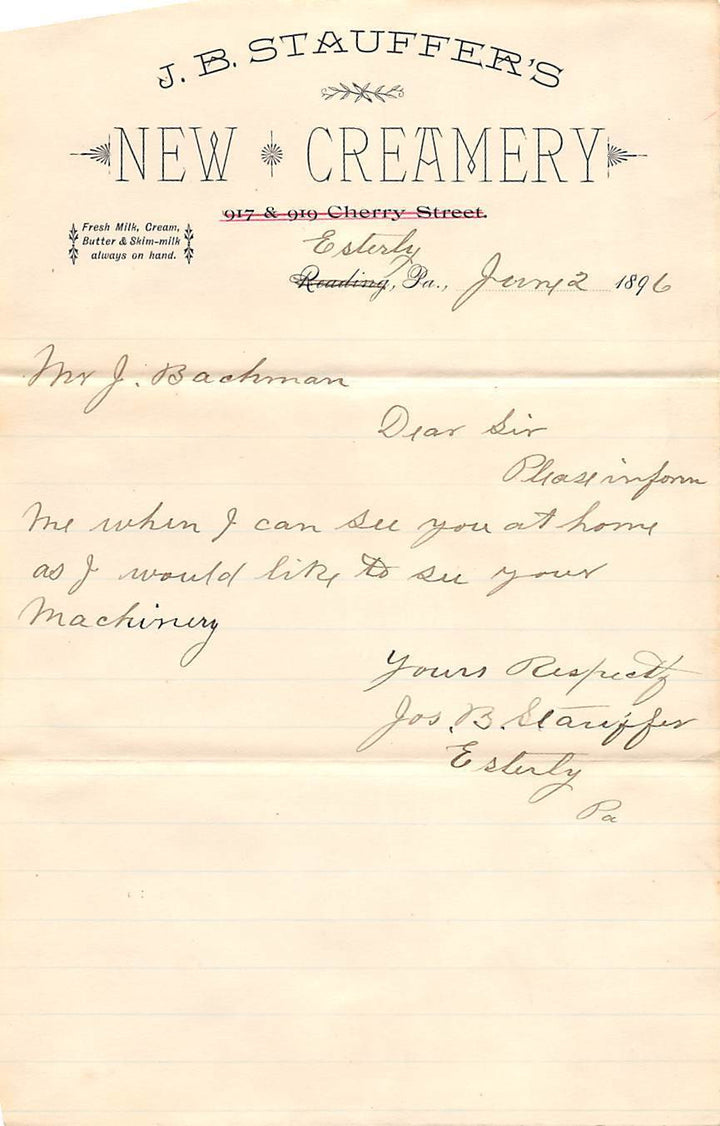 STAUFFER'S NEW CREAMERY ESTERLY READING PENNSYLVANIA ANTIQUE SIGNED ADVERTISING - K-townConsignments