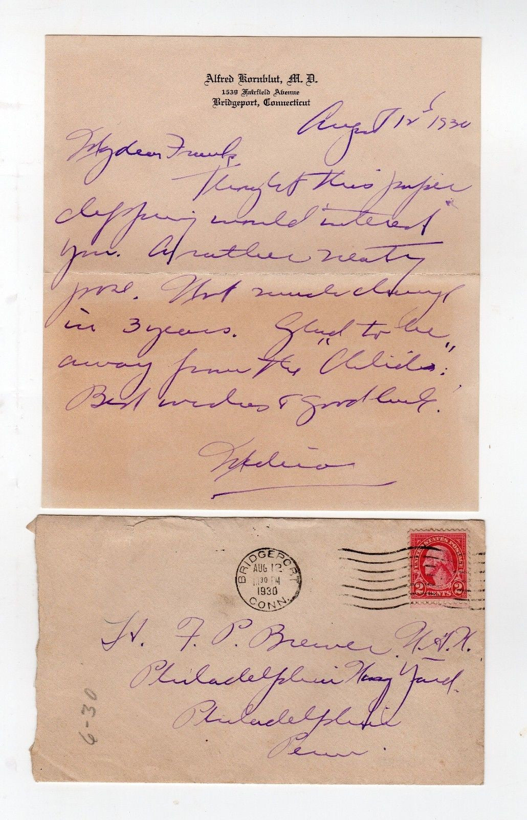 DR. ALFRED KORNBLUT CT WEST VIRGINIA DOCTOR AUTOGRAPH SIGNED NAVY LETTER 1930 - K-townConsignments