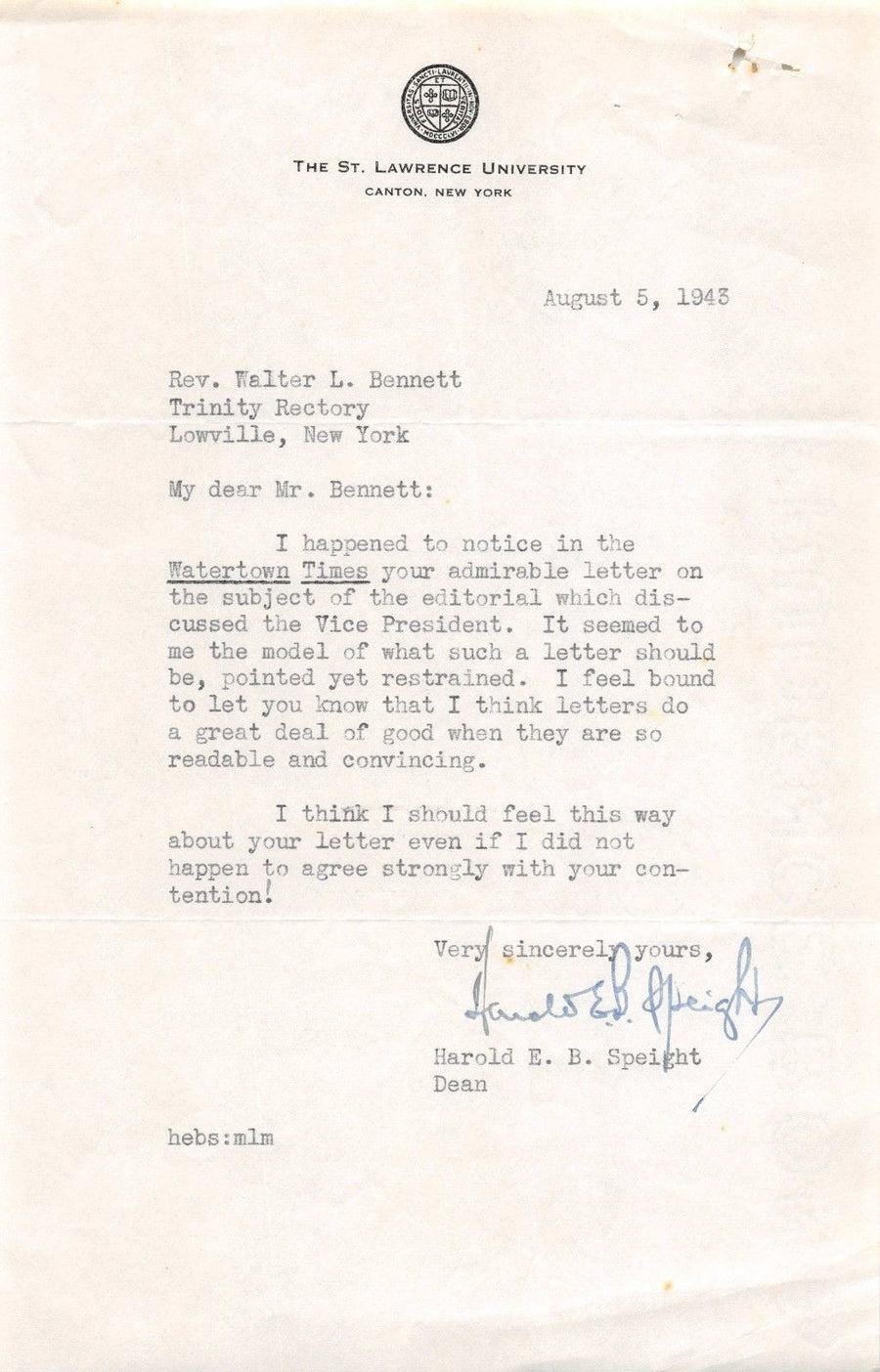 HAROLD SPEIGHT ST LAWRENCE UNIVERSITY PRESIDENT VINTAGE AUTOGRAPH SIGNED LETTER - K-townConsignments