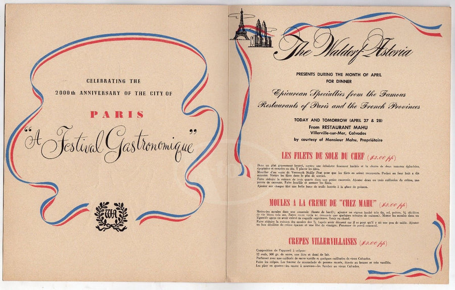 PARIS FESTIVAL GASTRONOMIQUE VINTAGE WALDORF ASTORIA PATRIOTIC DINNER MENU - K-townConsignments