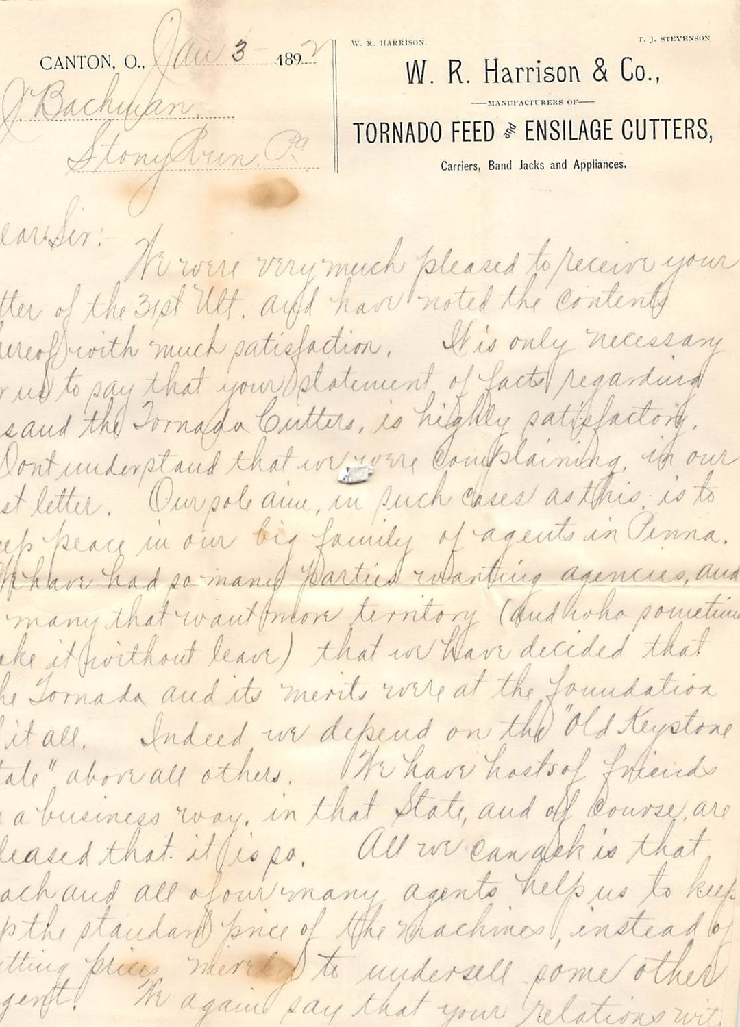 HARRISON TORNADO FEEDERS CANTON OHIO SIGNED ANTIQUE FARM ADVERTISING LETTER 1892 - K-townConsignments