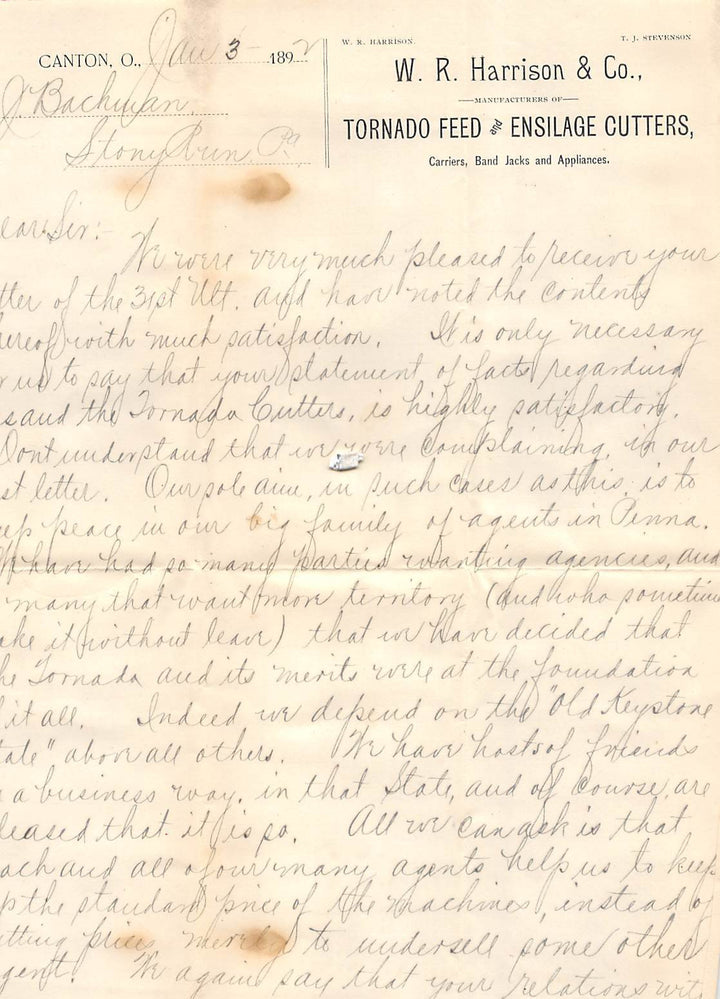 HARRISON TORNADO FEEDERS CANTON OHIO SIGNED ANTIQUE FARM ADVERTISING LETTER 1892 - K-townConsignments