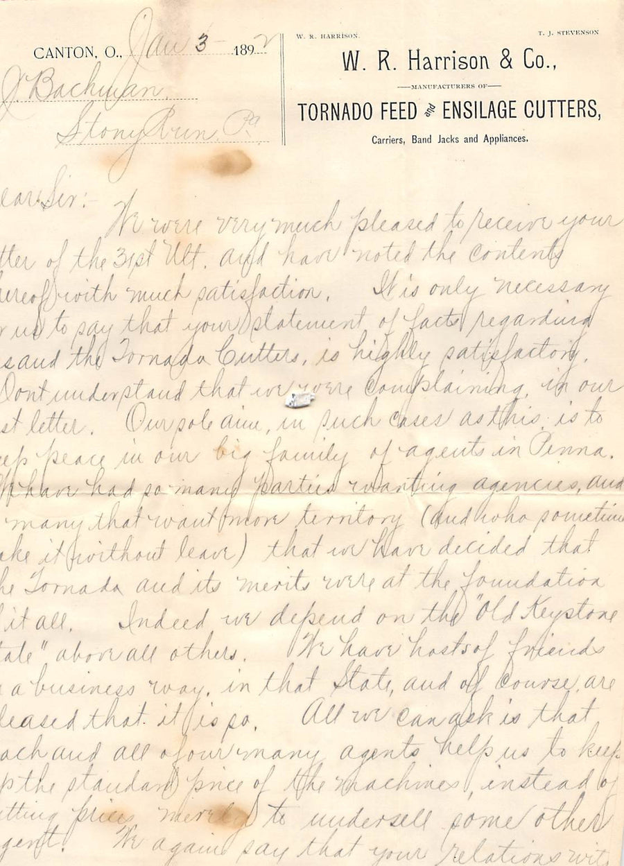 HARRISON TORNADO FEEDERS CANTON OHIO SIGNED ANTIQUE FARM ADVERTISING LETTER 1892 - K-townConsignments