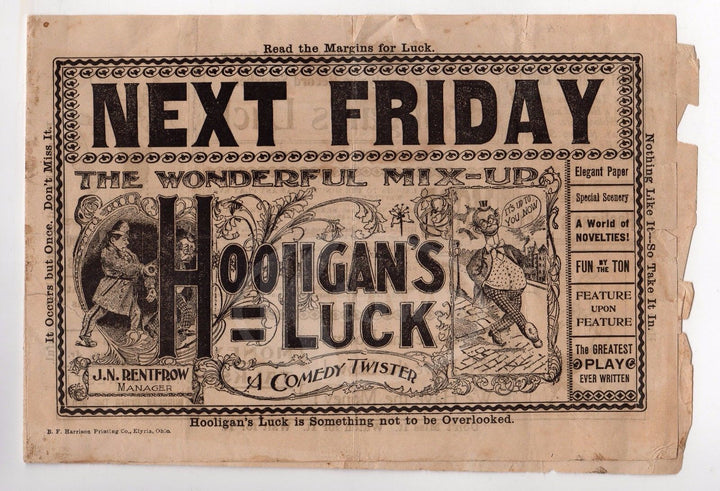 HOOLIGAN'S LUCK VAUDEVILLE THEATRE STAGE COMEDY ANTIQUE BROADSIDE ADVERTISING - K-townConsignments
