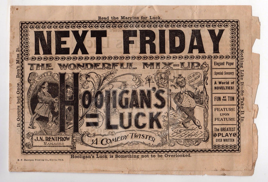 HOOLIGAN'S LUCK VAUDEVILLE THEATRE STAGE COMEDY ANTIQUE BROADSIDE ADVERTISING - K-townConsignments