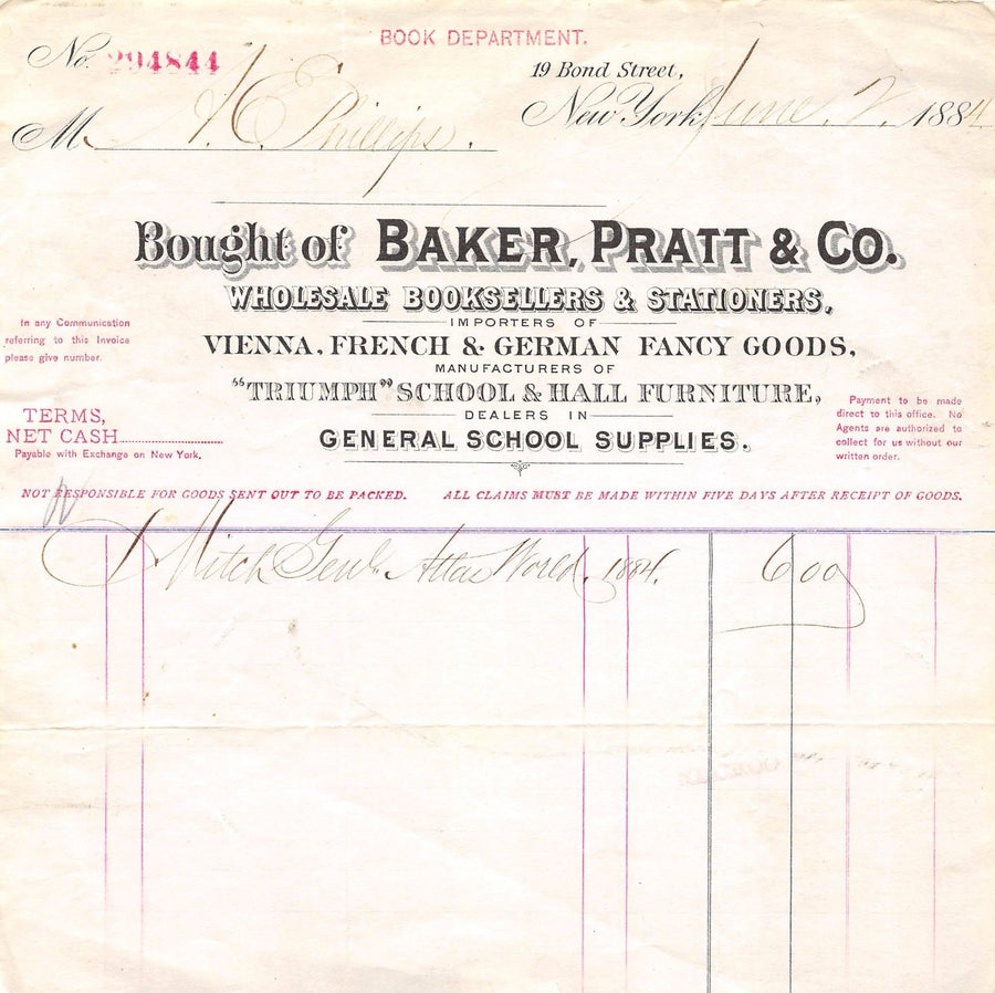 BAKER PRATT BOOKSELLERS NEW YORK CITY ANTIQUE GENERAL STORE SALES RECEIPT 1884 - K-townConsignments