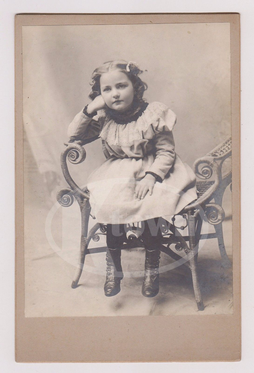 CUTE LITTLE GIRL BLONDE CURLS FINE SHOES & WICKER CHAIR ANTIQUE CABINET PHOTO - K-townConsignments