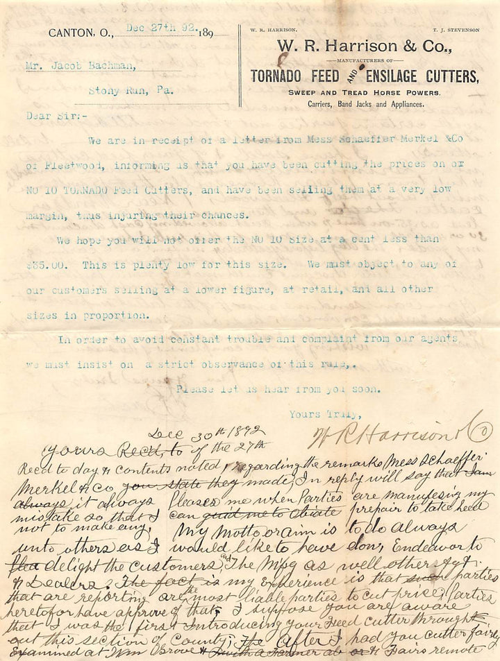 W. R. HARRISON CANTON OHIO TORNADO FEED CUTTERS ANTIQUE ADVERTISING LETTERHEAD - K-townConsignments